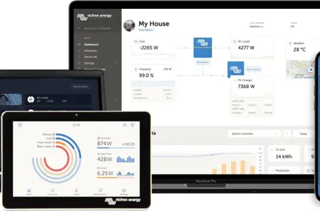 Monitorovanie energie Victron Energy cez VRM portál a mobilnú aplikáciu Zariadenia Victron Energy s možnosťou monitorovania spotreby a výroby energie – prehľadné sledovanie stavu batérie, invertora a solárneho systému cez aplikáciu a online VRM portál.