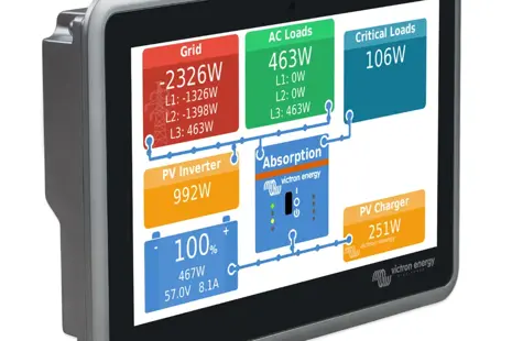 Ekrano GX – dotykový displej Victron Energy pre kompletné monitorovanie a ovládanie energie Ekrano GX – dotykový displej Victron Energy pre sledovanie batérií a meničov v reálnom čase.
